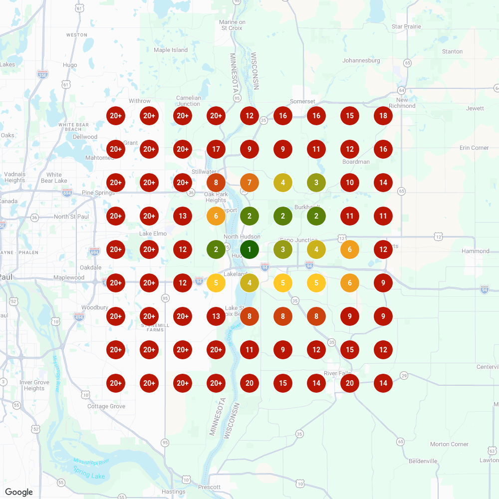 Google Maps ranking heat map showing local search visibility across the service area